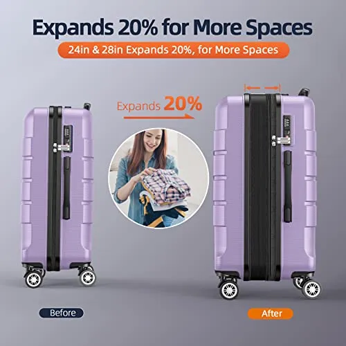 SHOWKOO Luggage Sets Expandable PC ABS Durable Suitcase, 3PC, Lavender