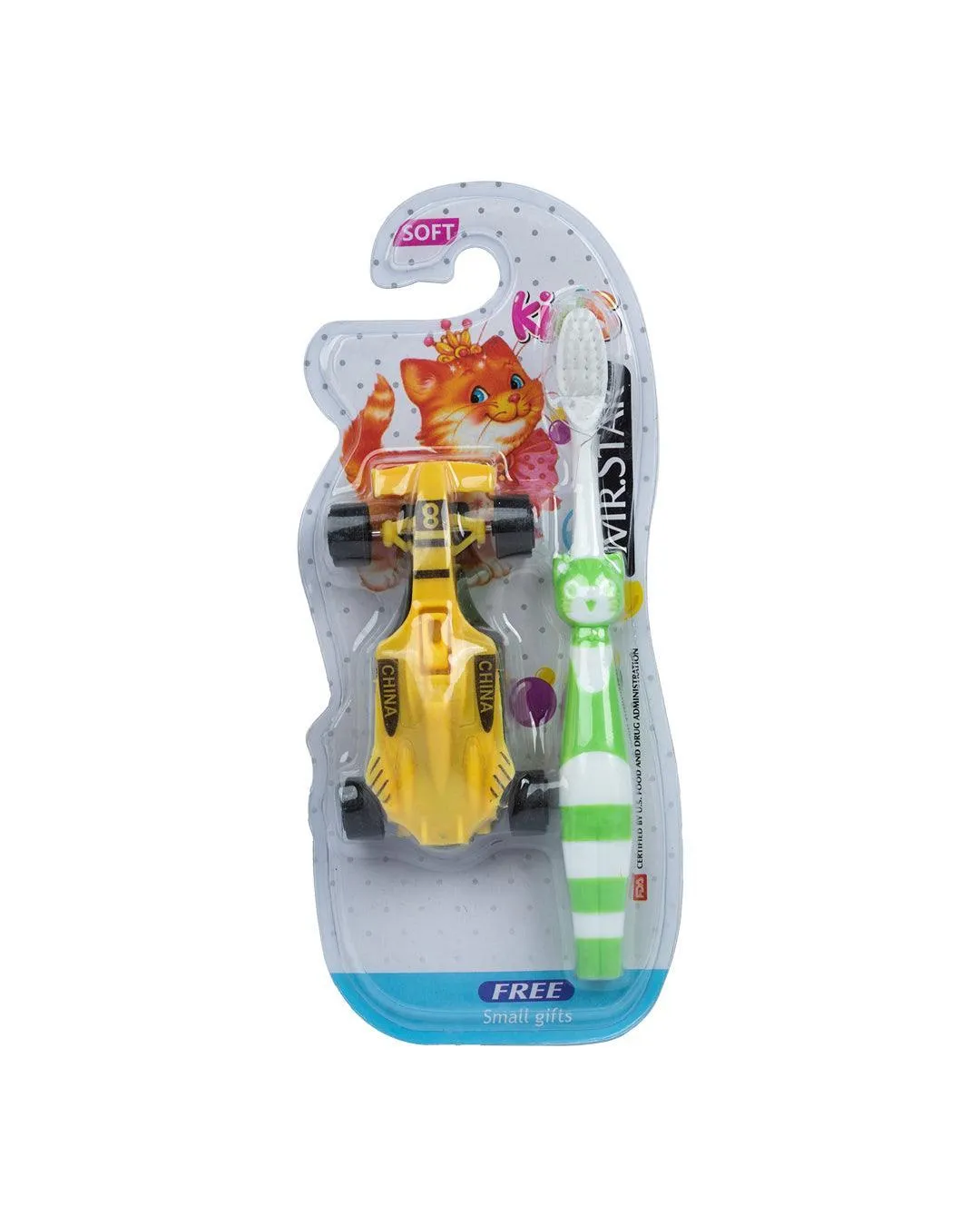 Soft Bristles Kid Compact Toothbrush with Toy Car, Green & Yellow, Plastic