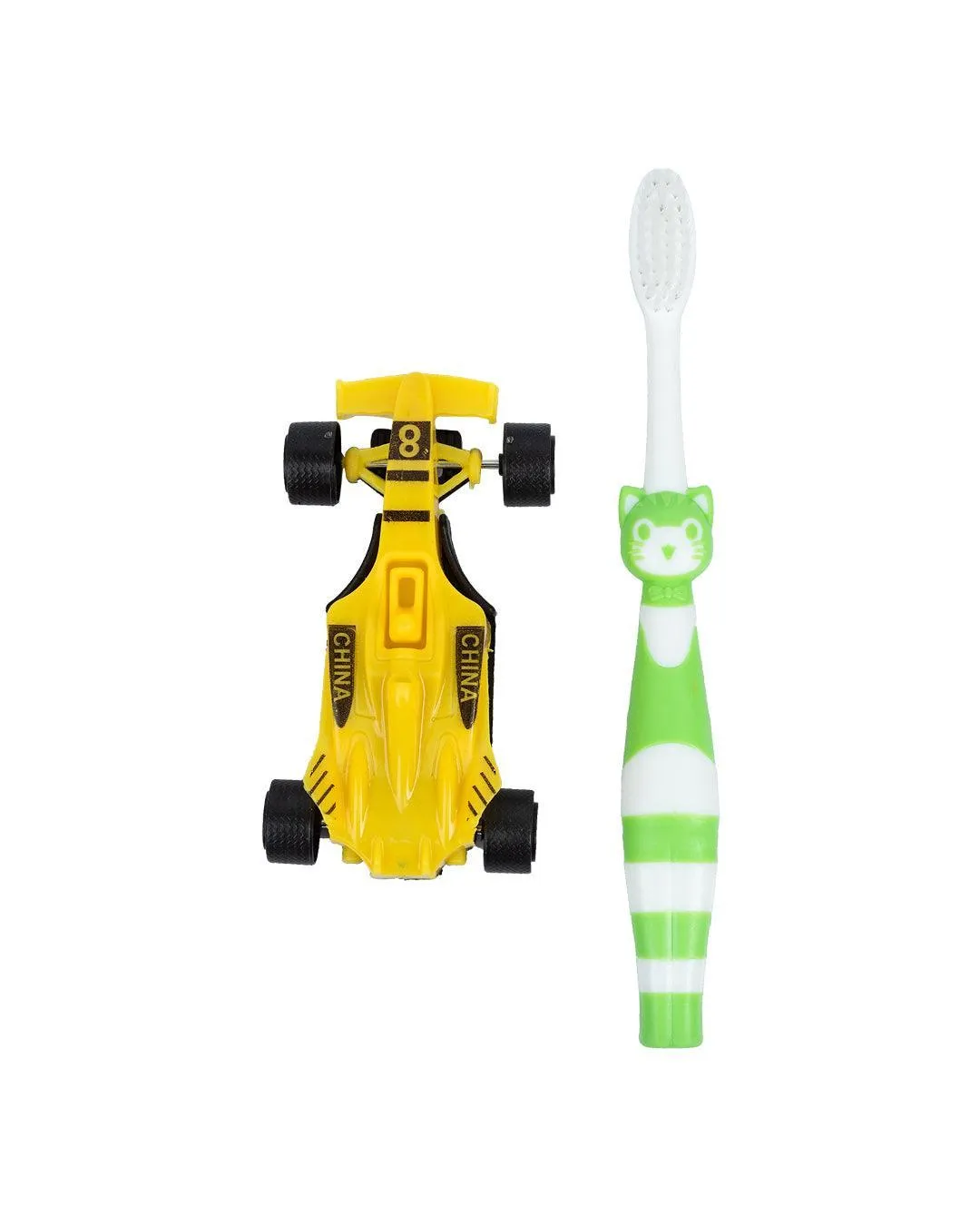 Soft Bristles Kid Compact Toothbrush with Toy Car, Green & Yellow, Plastic