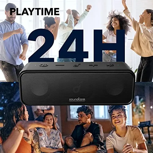 Soundcore 3 by Anker Soundcore, Bluetooth Speaker with Stereo Sound, 24H Playtime, IPX7 Waterproof, Pure Titanium Diaphragm Drivers, PartyCast, BassUp, App, Custom EQ, for Home, Outdoor, and Beach