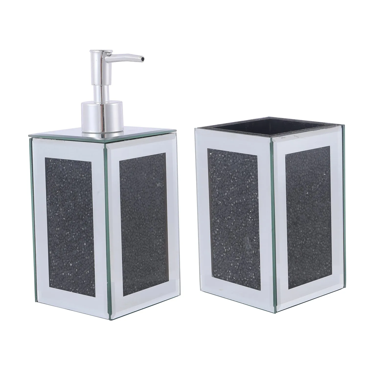 Square Soap Dispenser and Toothbrush Holder in Gift Box, Black Crushed Diamond Glass