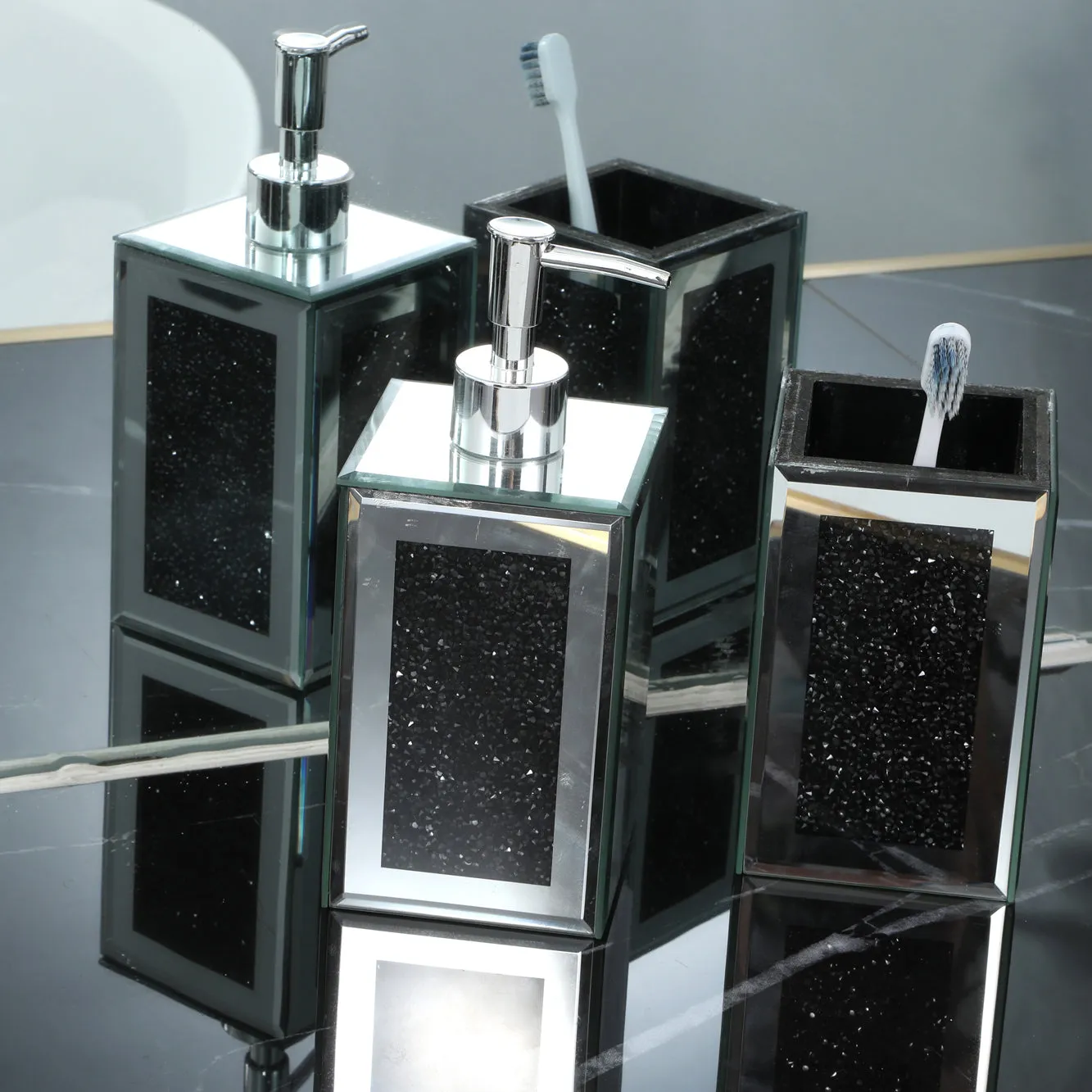 Square Soap Dispenser and Toothbrush Holder in Gift Box, Black Crushed Diamond Glass