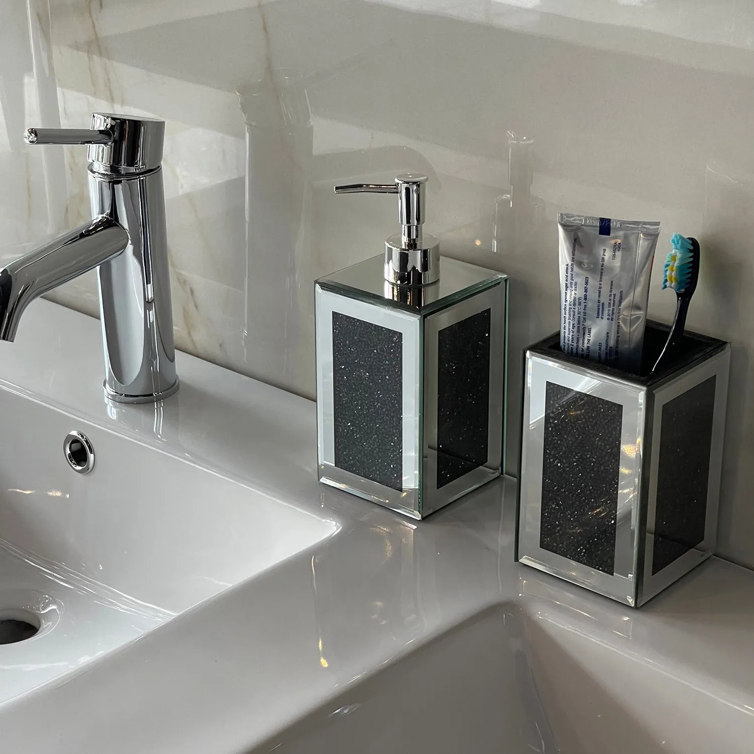 Square Soap Dispenser and Toothbrush Holder in Gift Box, Black Crushed Diamond Glass