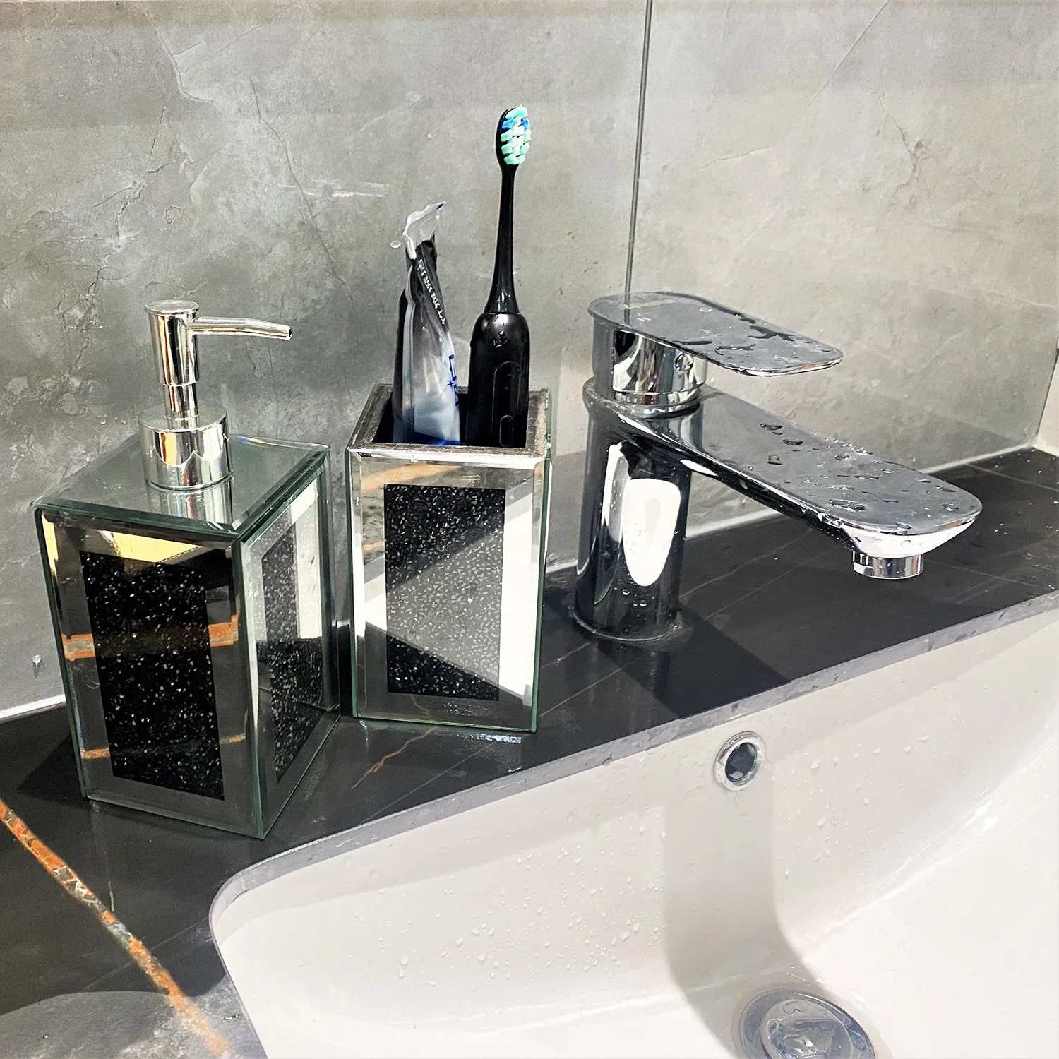 Square Soap Dispenser and Toothbrush Holder in Gift Box, Black Crushed Diamond Glass