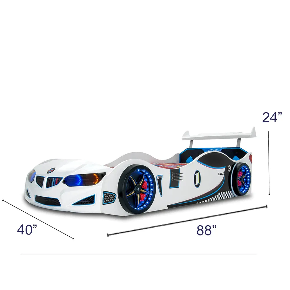 Super Cool White GT1 Race Car Bed With Free Mattress | LED Lights