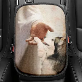 Take My Hand Jesus Siberian Husky Dog Seat Box Cover, Inspirational Car Center Console Cover, Christian Car Interior Accessories