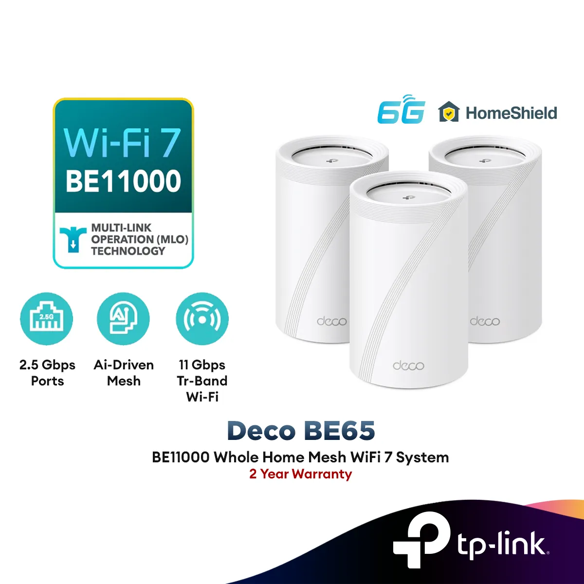 TP-Link Deco BE65 BE11000 WiFi 7 Tri-Band Whole Home AI-Driven Mesh Wifi Router With Homeshield