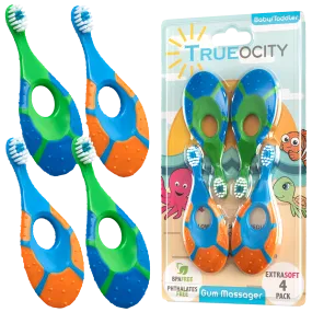 Trueocity Baby Toddler Toothbrush 4 Pack, Soft Bristles, Teething Finger Handle Toothbrushes for 0-2 Years - Training First Set (Blue, Green, Orange) - BPA Free